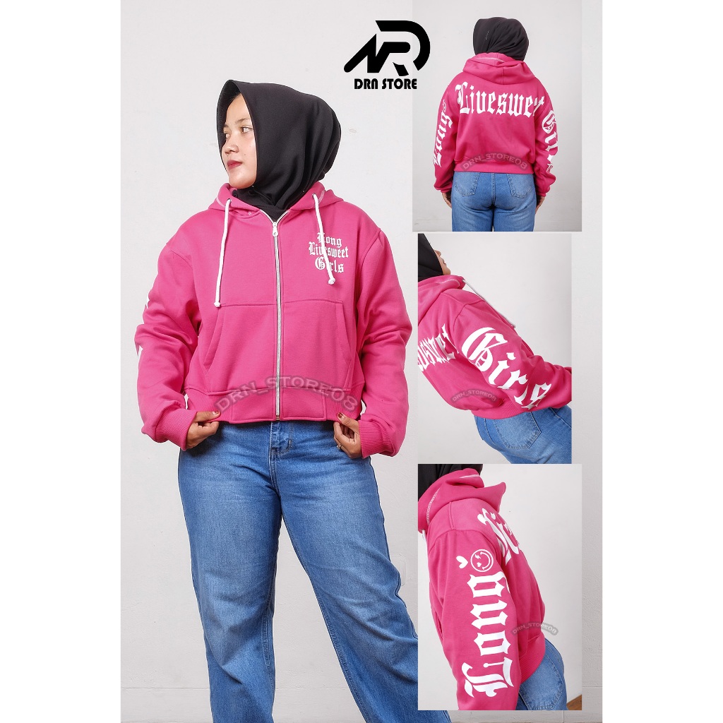 Jacket Crop Cewek Zipper Jahitan Overdeck Sablon Plastisol Pink Stabilo Hoodie jaket Tudung
