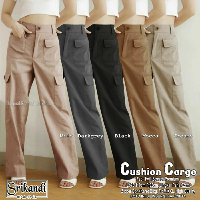 Celana Cargo wanita bahan twill pinggang belakang karet