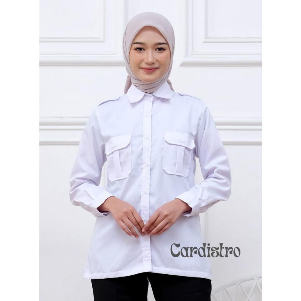 PDH Wanita Saku Kemeja PDH Wanita Saku Atas Bahan Japan Drill Putih untuk Dinas Formal PNS ASN Saku 