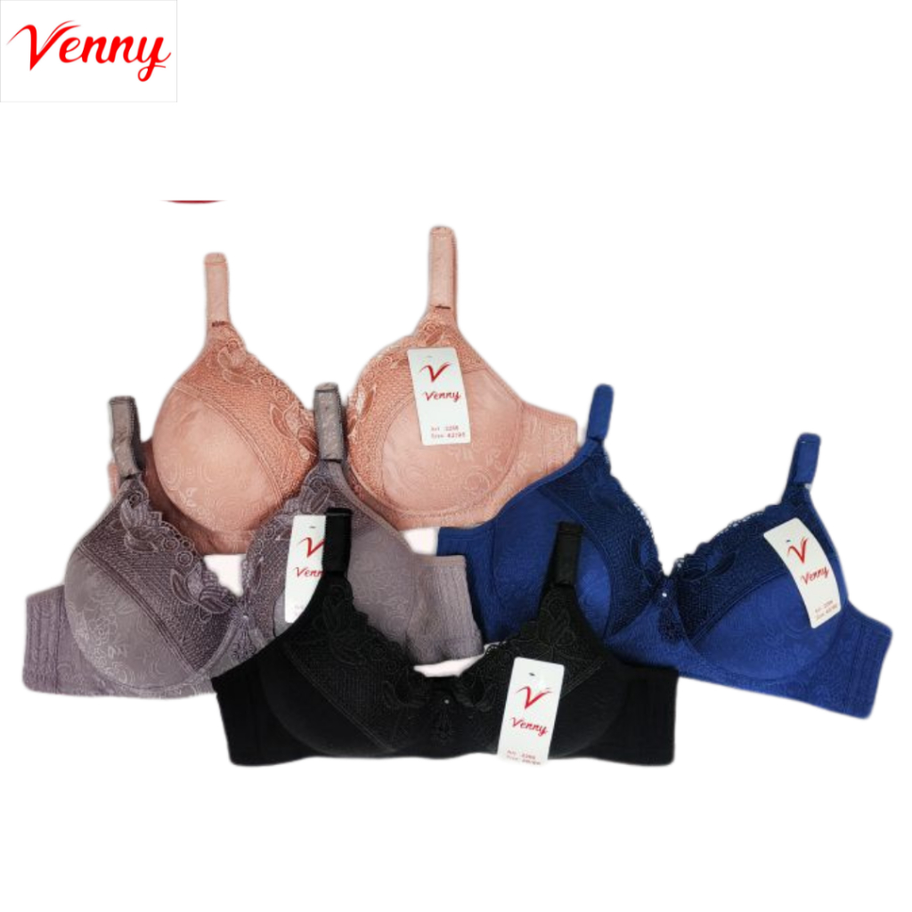 Venny - Bra Tanpa Kawat Busa Tipis Cup Press Motif Embos Dan Brukat Bunga Di Bagian Cup BH - DD2266