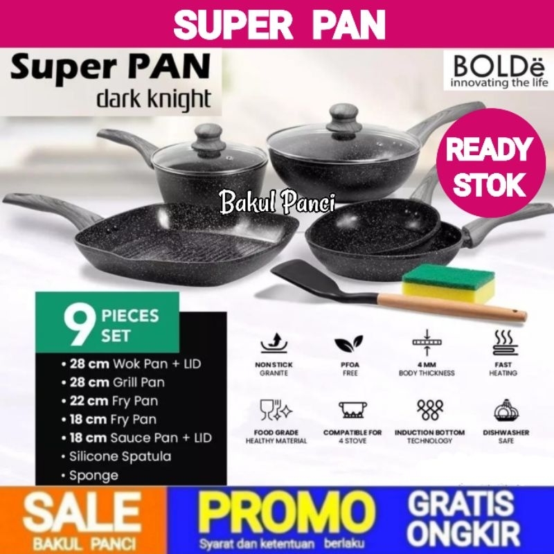 BOLDe SUPER PAN SET 9 PCS BLACK DARK NIGHT - WAJAN PANCI GRANITE CERAMIC COOKWARE FRYPAN WOK MILKPAN