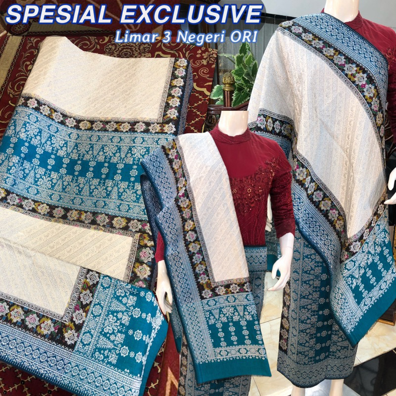 SPESIAL EXCLUSIVE Songket limar 3 Negeri ORI/putih tumpal Biru toska  / Songket tenun palembang asli