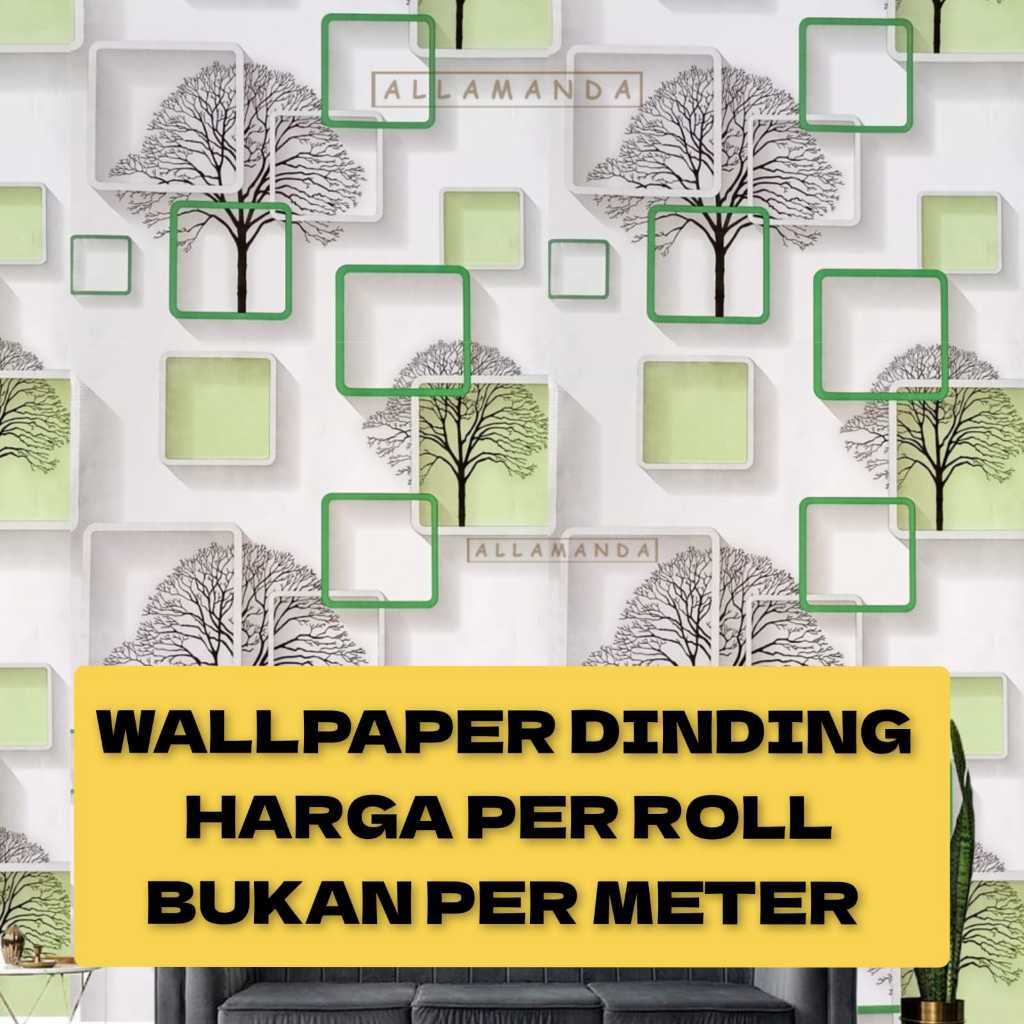 Wallpaper Sticker DInding 3D Pohon Kotak Hijau Walfaper Ruang Tamu Dapur Teras Rumah Minimalis