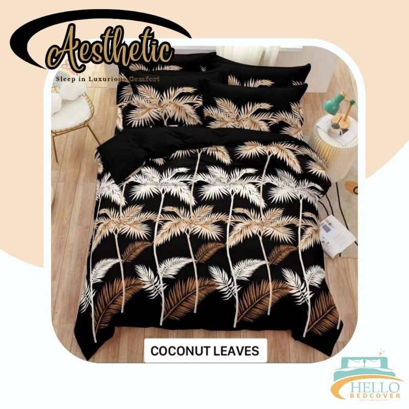 AESTHETIC PROJECT - Fullset Bedcover Motif Daun Kelapa / Sprei Microtex Disperse Premium - Anti Lunt