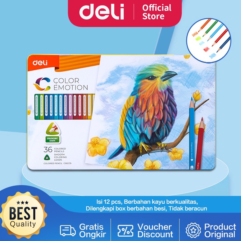 

YR37 Deli Pensil Warna Celup Halus 12/24/36 Warna, Bentuk Segitiga Ergonomis EC00205 EC00225 EC00235 Ready ╭(