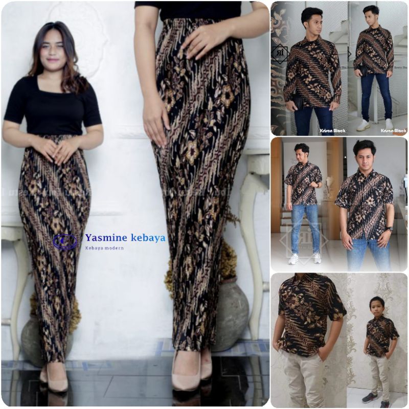 Couple Rok Plisket Jumbo Set Kemeja Batik Pria / Baju Batik Couple Motif Krisan Hitam / Couple Kebay