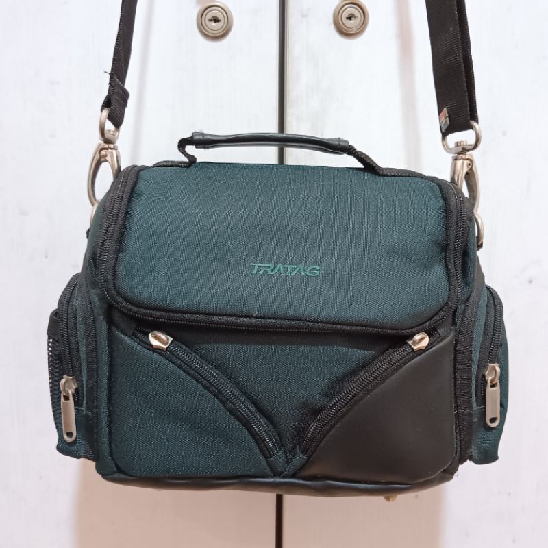 tas camera biru tosca gelap hitam preloved thrift