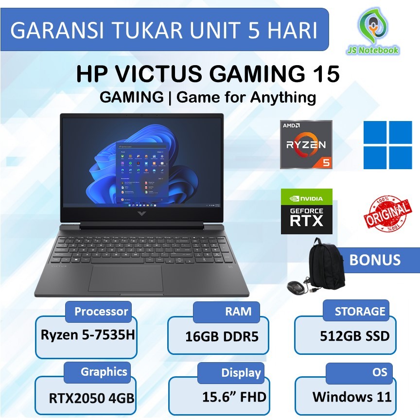 Hp Victus Gaming 15 RTX2050 4GB Ryzen 5-7535H 16GB 512SSD Win11
