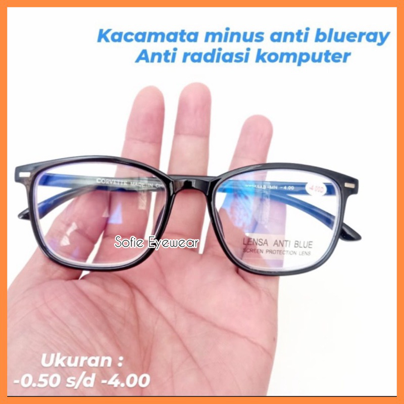 Kacamata Minus Anti Radiasi BLUERAY -0.50 sd -4.00 Kaca Mata Rabun Jauh Pria Wanita Model Kotak