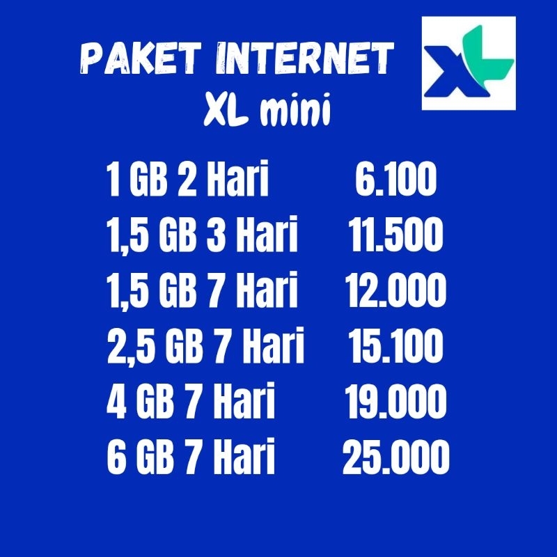 paket internet xl mini 1gb 1,5gb 2,5gb 4gb 6gb / paket data xl murah/kuota internet xl murah/ Naela 