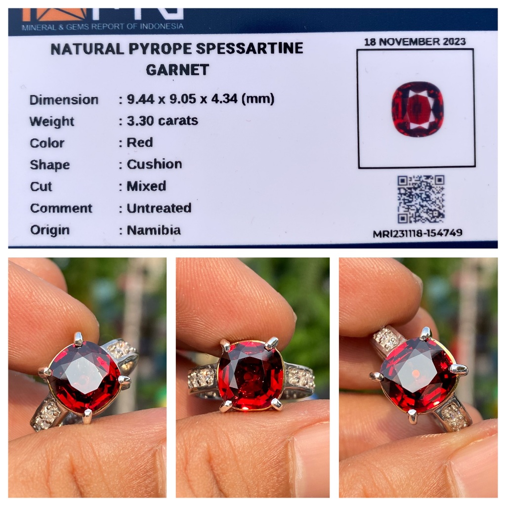 Natural 3.30ct pyrope spessartite garnet ring perak wanita
