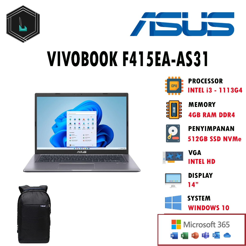 Laptop Asus VivoBook F415EA-AS31 Intel i3-1115G4 4GB 256GB SSD - RAM 4GB, 256GB SSD