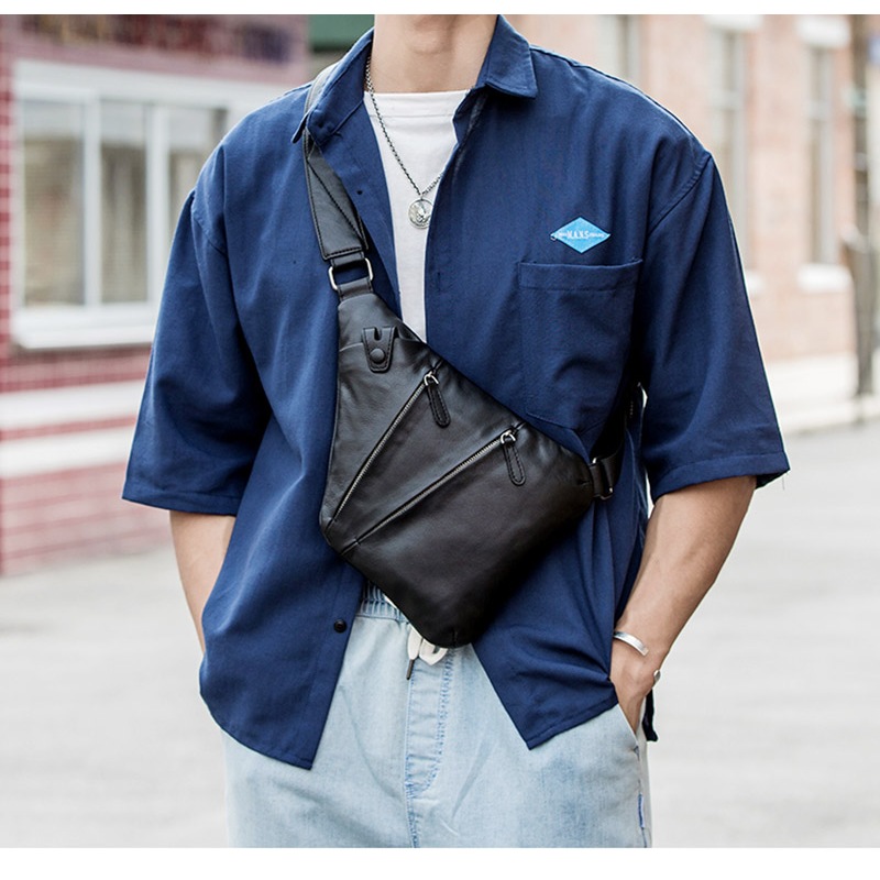 Tas Dada Sederhana Waist Bag Pria Fashion Kasual Kulit Asli Garut