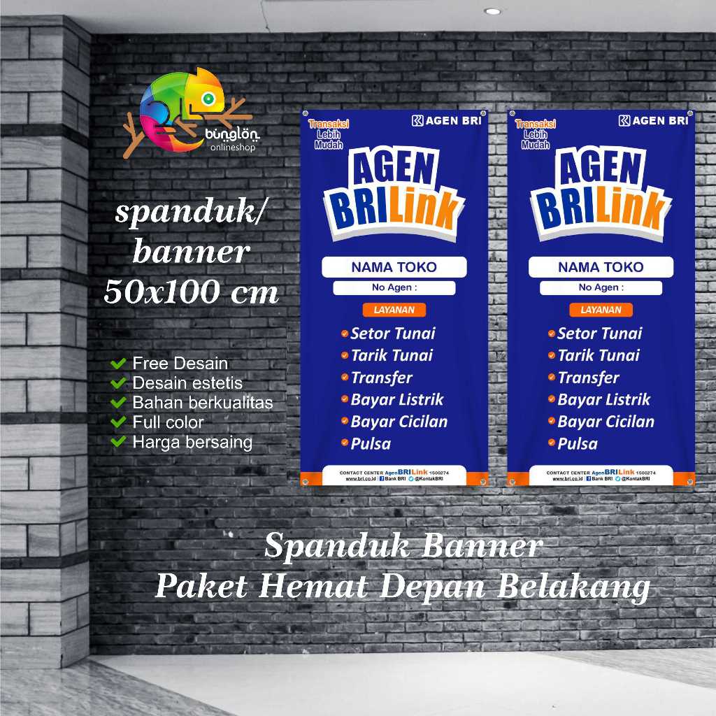 Spanduk Banner 50x100 Paket Depan Belakang Agen BRILink Biru Custom Desain