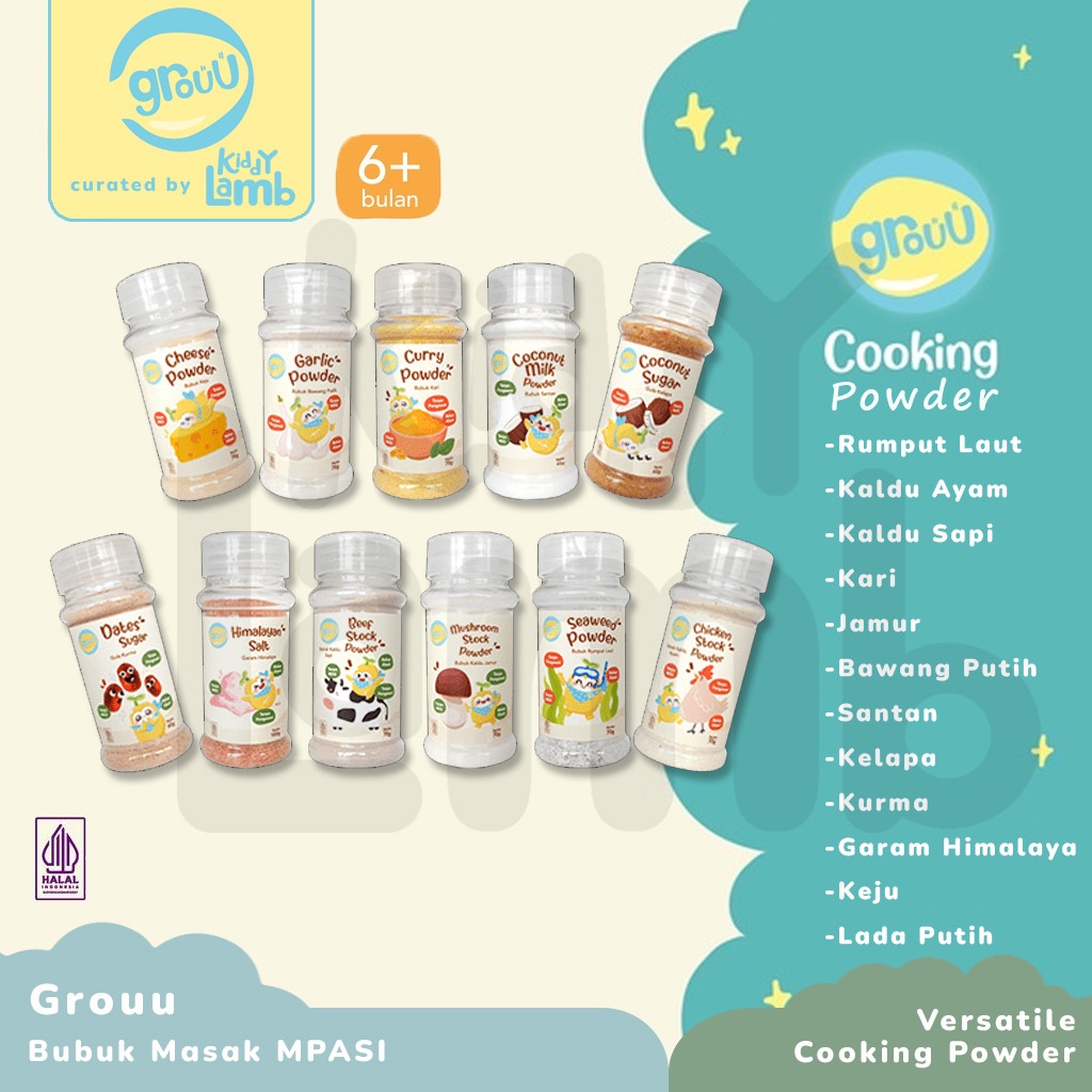 

Grouu Cooking Powder & Stock / Bubuk & Kaldu Masak MPASI / Kaldu Ayam Sapi Jamur Bubuk Bawang Putih Seaweed Lada Keju Cheese Chicken Curry Beef Mushroom Garlic Coconut Sugar Gula Kelapa Himalayan Salt Garam - KIDDY LAMB