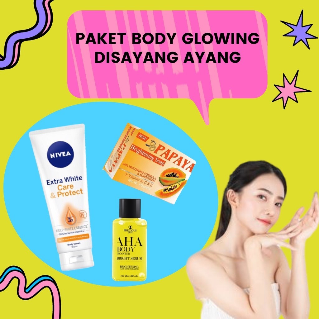 Paket Body Glowing Nivea Care and Protect AHA Booster Precious Skin Bpom Sabun Papaya RDL Asli - Sta