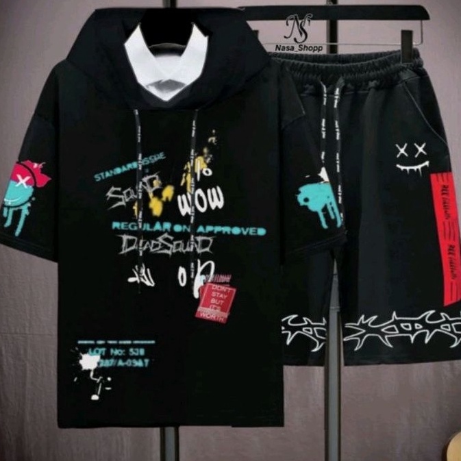 modelTipe FMJ556 N_S Stelan Pria/Wanita 1Set Distro Baju Hoodie+Celana Pendek DEAT SQUAD