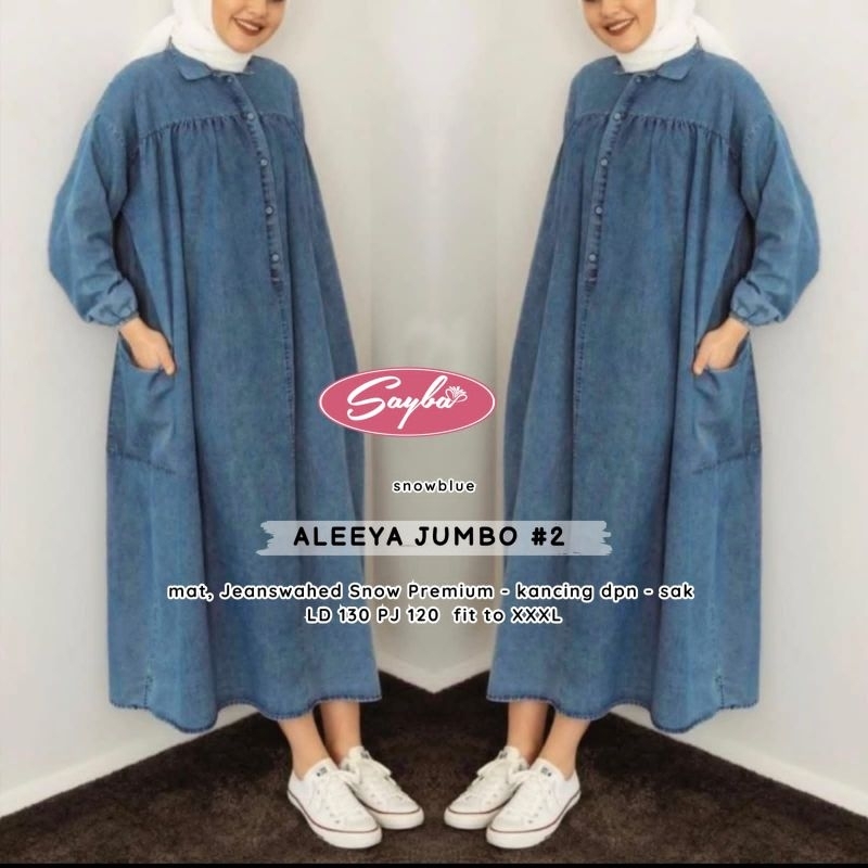 Aleeya Two Jumbo #2 Midi Dress Maxy Gamis Polos Hitam Jeans Snow Ld 130 Super Jumbo Fit XXXL By Sayb