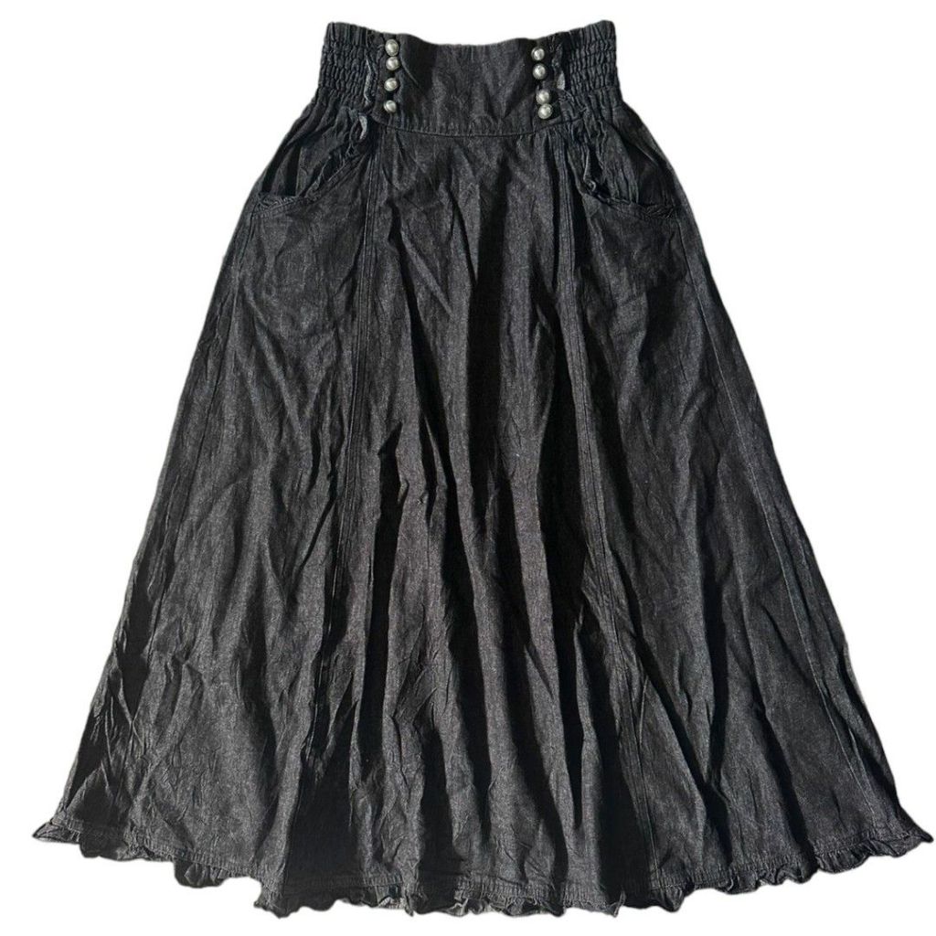 Axes Femme Black Washed Pearl Flare Long Skirt | Lolita Harajuku Grunge Maxi Flare Rok panjang Smock