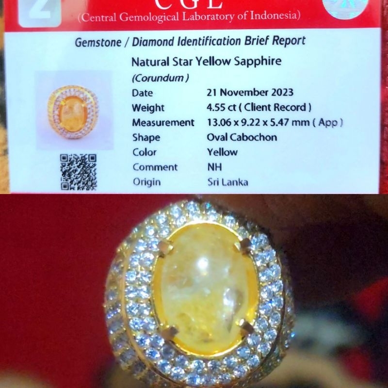 Natural Yellow Star Sapphire No Heat Ceylon Srilanka Ring Perak Microsetting Memo CGL