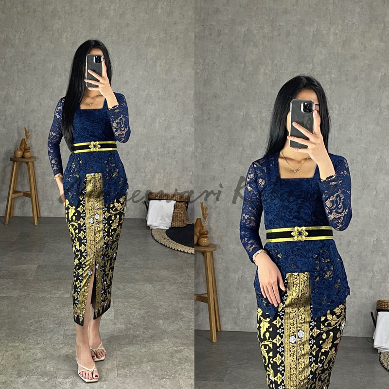 Kebaya Bali Set Brukat Panjang Navy