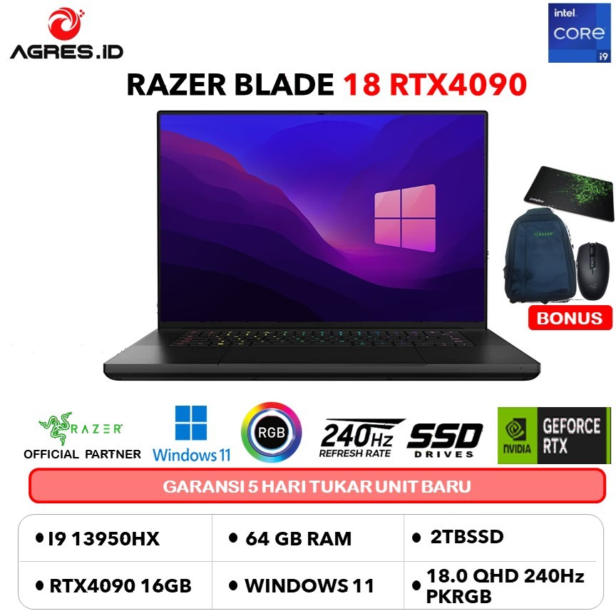 RAZER BLADE 18 RTX4090 16GB/ I9 13980HX 64GB 2TBSSD W11 18.0QHD+ 240HZ PKRGB TGP175 BLK