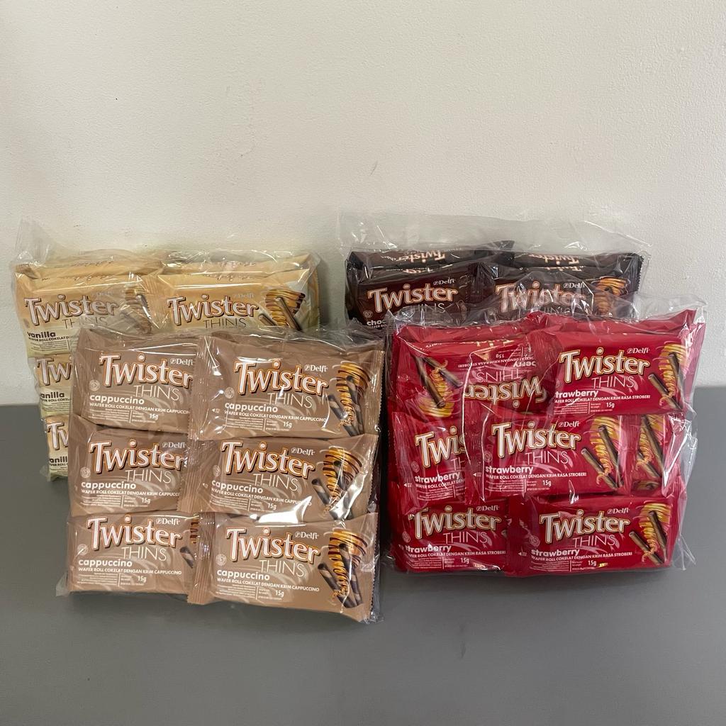 

wiw DELFI TWISTER THINS 15 GR ( 1 BAG / 12 PC ) / BISKUIT TWISTER THINS / SNACK RASA VANILA / COKLAT
