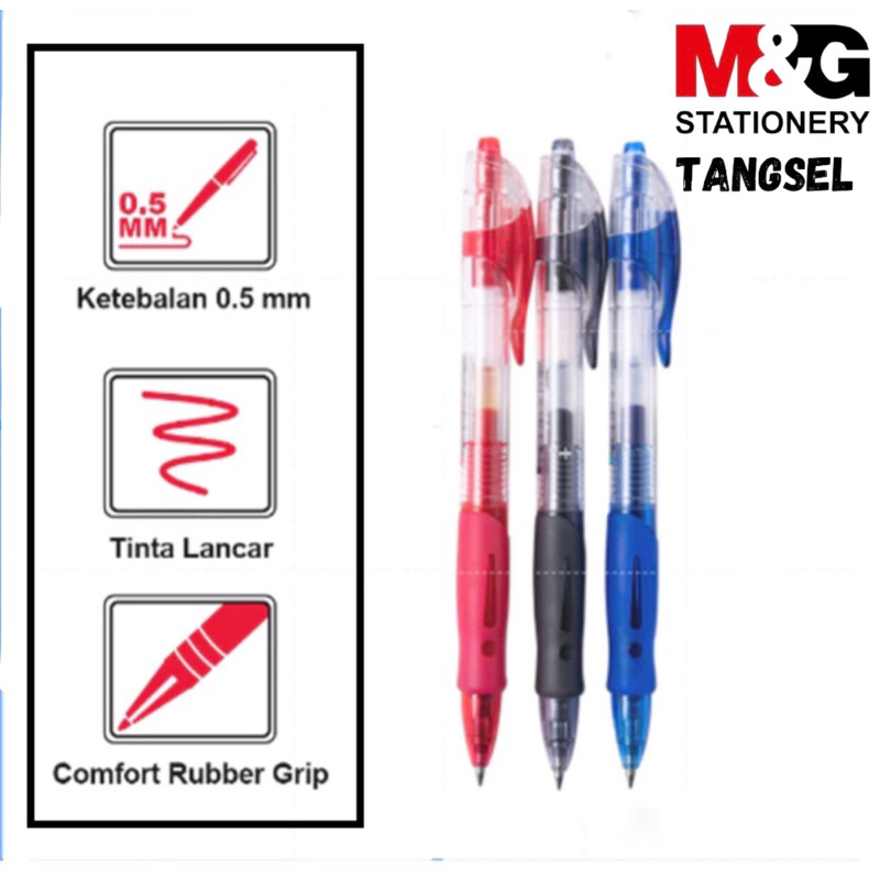 

M&G Retractable Gel Pen Black Blue Red 0.5mm Comfort rubber grip Pena