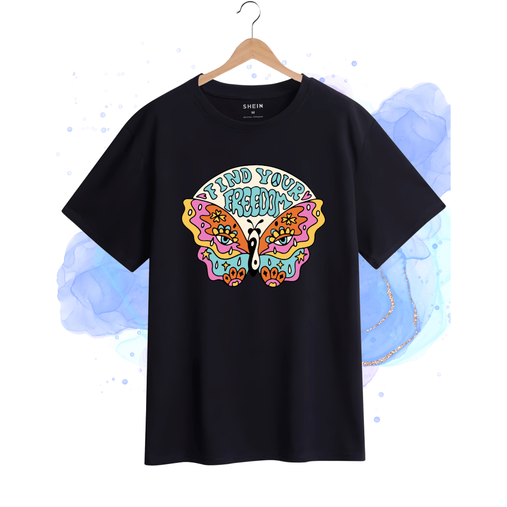 Kaos Distro Butterfly FIND YOUR FREEDOM Kaos Sablon Printer Baju Kaos Atasan Lengan Pendek Wanita (3