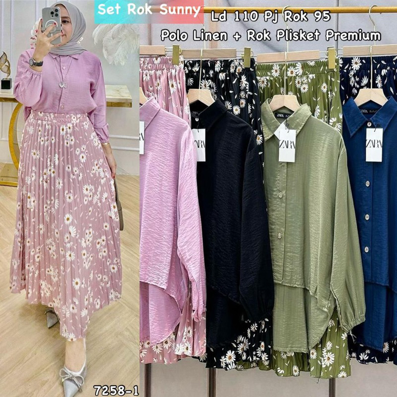 set rok polo linen prisket premium motif bunga