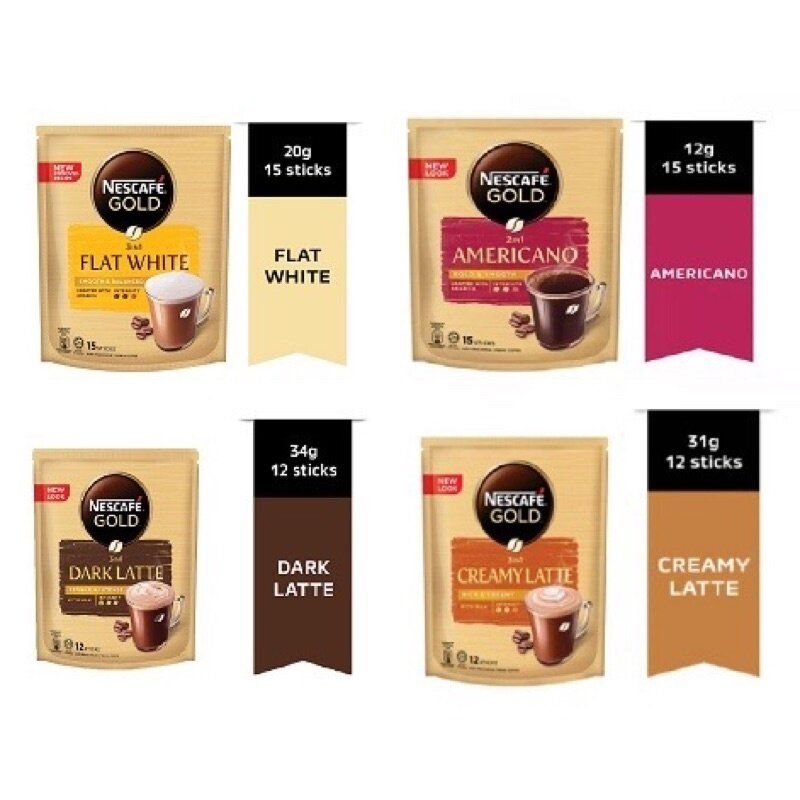 

NESCAFE GOLD DARK LATTE CREAMY LATTE FLAT WHITE AMERICANO ORIGINAL