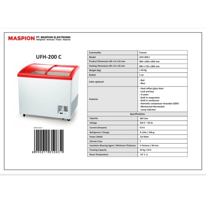 MASPION FREEZER BOX CHEST FREEZER UFH 200 CFK KAPASITAS 200 LITER