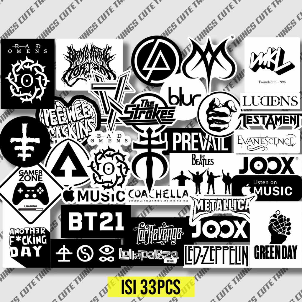 

33pcs stiker pack aesthetic black white brand band metal sticker helm tumbler laptop case