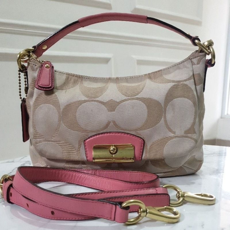 Preloved Tas Sling bisa Shoulder Coach kulit mix kanvas warna Gold mix pink lengkap talpan
