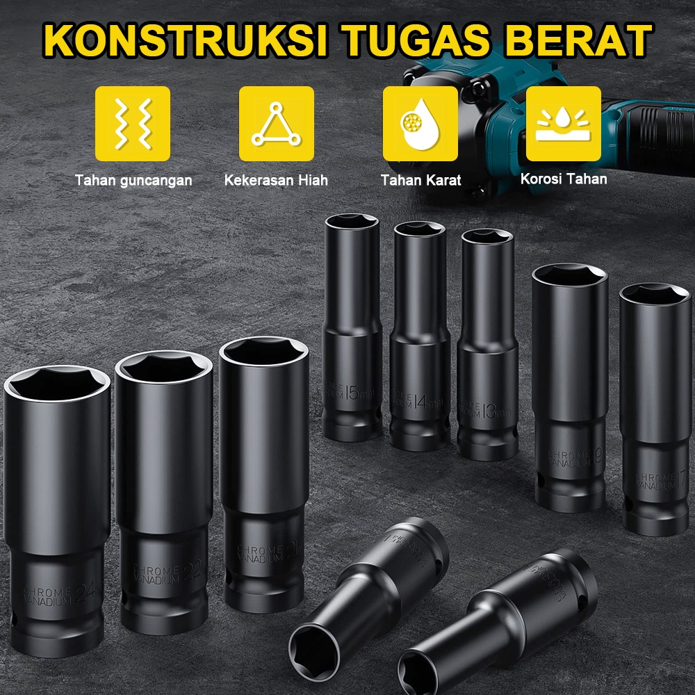 Impact Socket Set 10Pcs 1/2 Inch 8-24MM Extension Impact Socket Panjang Mencapai Soket Nut Perbaikan AlaT