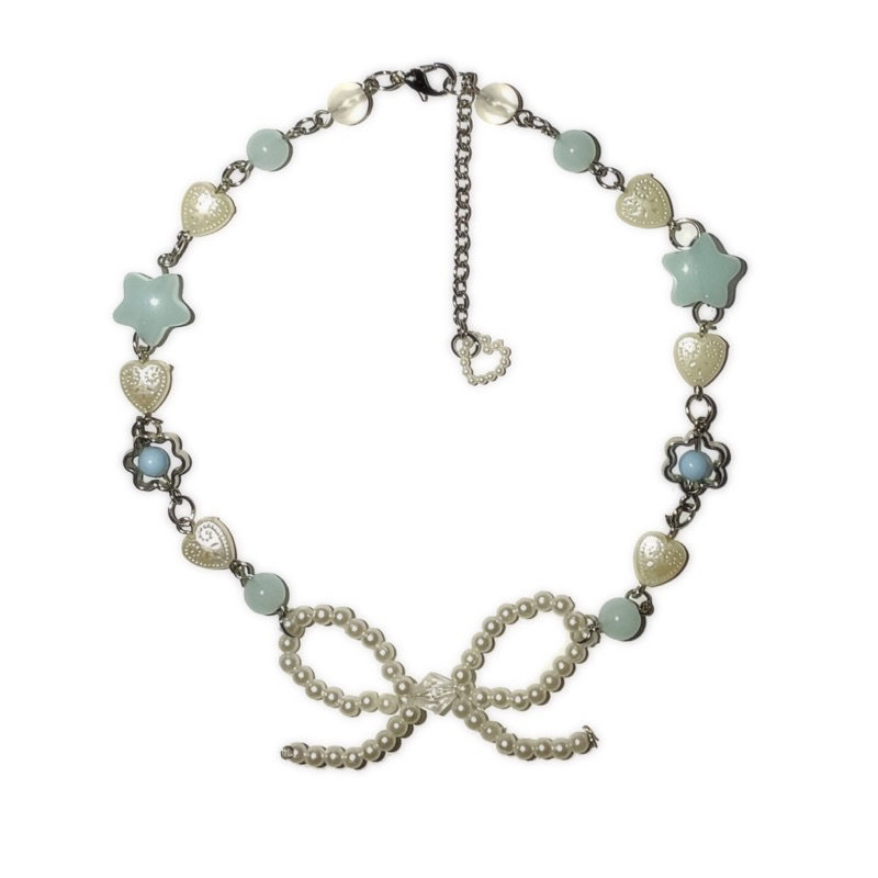 Kalung Manik | Beaded Necklace | Aksesoris Wanita Biru Putih Rantai Adjustable Hijab Besi Cinnamorol