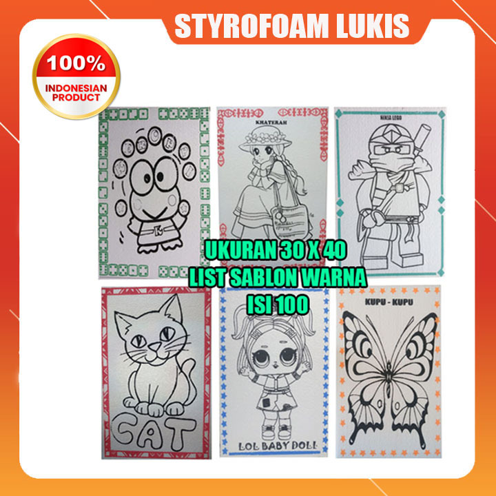 

Paket 100 lembar Styrofoam lukis uk 30 x 40 dengan variasi list sablon warna