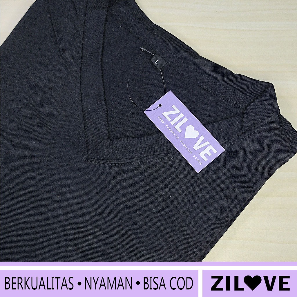 ZILOVE - Kaos Wanita Warna Hitam V Neck Polos Cewek Lengan Pendek