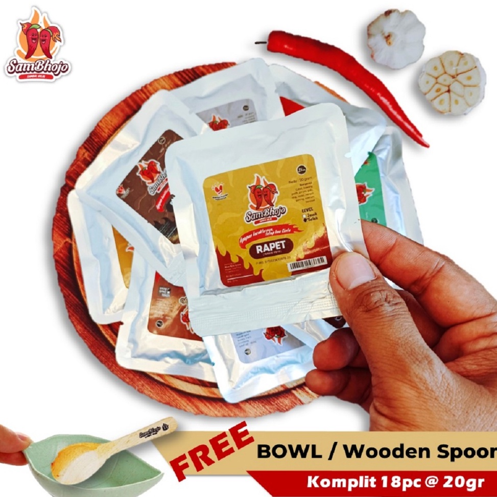 

Kirim L4ngsung SamBhojo - Sambal Sachet Komplit 18 Varian, Mangkok Sambal/Wooden Spoon For sale