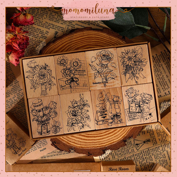 

1 set isi 8 pcs book of roses wood stamp aesthetic stempel bentuk bunga retro vintage MK1547