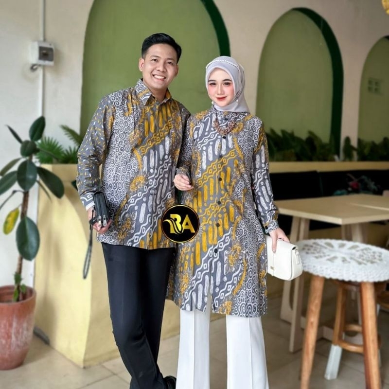 BYAN Batik Couple Lapis Terbaru Kemeja Batik Pria Lengan Panjang Dan Atasan Tunik Batik Asli Katun H