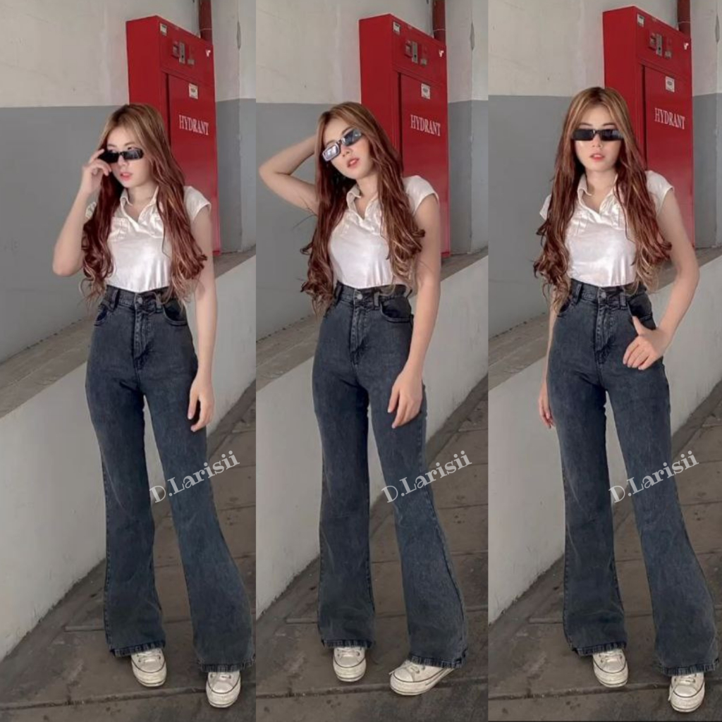 Celana Jeans Wanita Celana Cutbray Highwaist Abu- Abu Jeans Cutbray Stretch Melar Kekinian Snow Blac