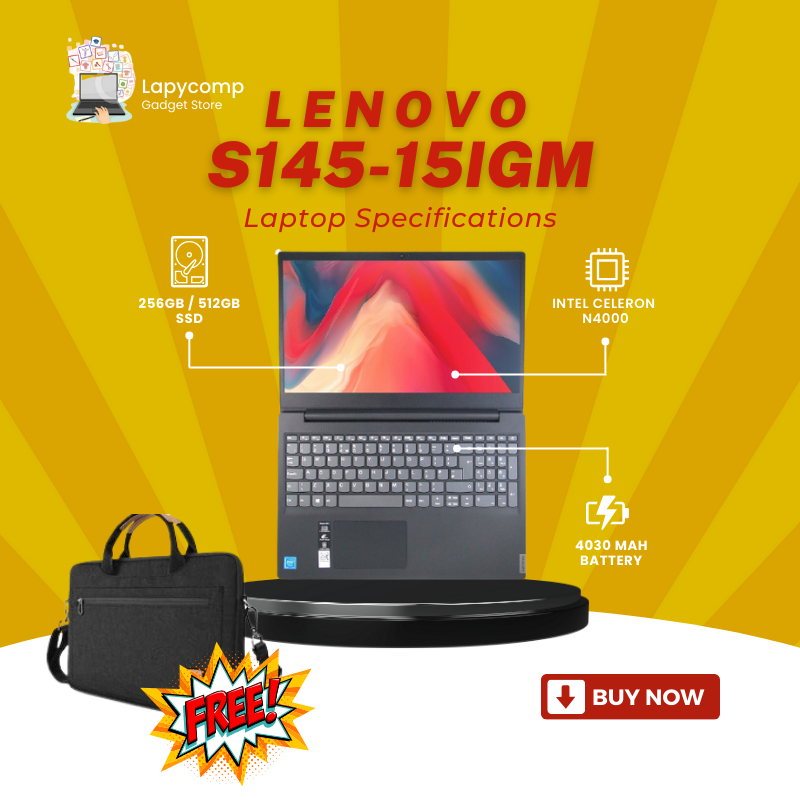 LAPTOP LENOVO SERIES S145 INTEL N4000 RAM 8GB 512GB SSD LAYAR BESAR 15.6" HD - LAPTOP BARU