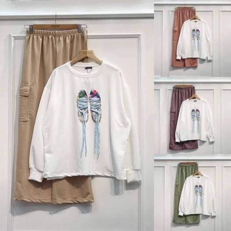 Sijiso Korean Wear Setelan Celana Cargo one Set 3D 3 Dimensi warna Sage