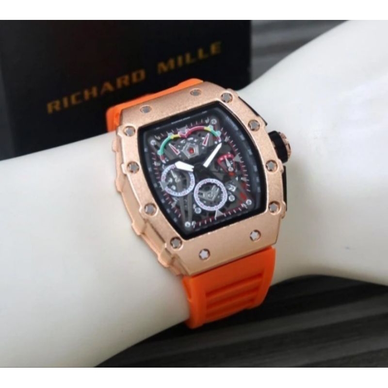 JAM TANGAN PRIA RM011-03 BODY ROSSE GOLD TALI RUBBER ORANGE SUPER MEWAH