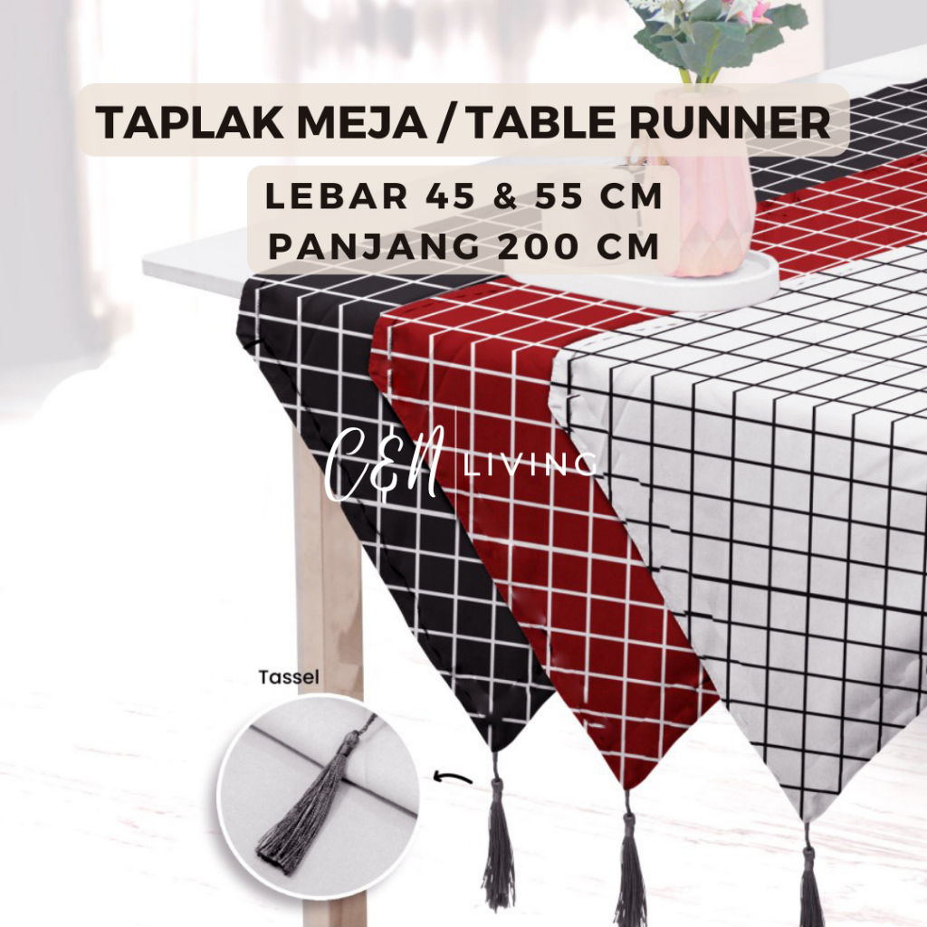 TAPLAK MEJA RUANG TAMU PERSEGI PANJANG 200 CM MINIMALIS TABLE RUNNER RUMBAI MOTIF KOTAK AESTHETIC KE