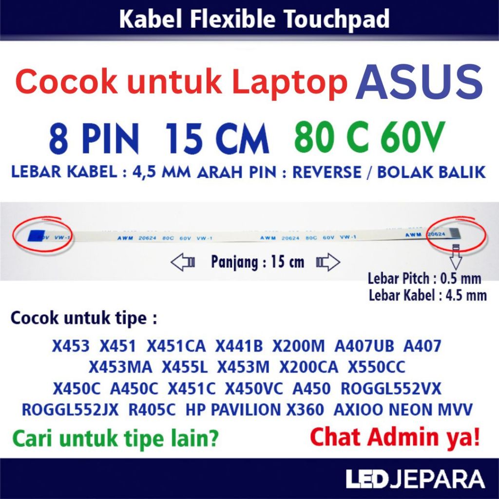 Kabel Flexible Touchpad Laptop Asus X453 X441 X200 X450 ROGGL552VX A450  8 Pin 15 CM Bolak Balik Rev
