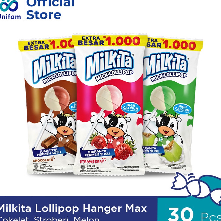 

Terbaru Milkita Lollipop Hanger Max (1 Bag Isi 30pcs) - Permen Susu Lolipop Rasa Cokelat, Stroberi, & Melon (CSM)