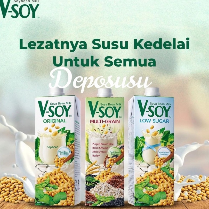 

Buruan Beli Vsoy Soya Bean Milk V-soy ORIGINAL / MULTIGRAIN / LOW SUGAR rendah gula /GOLDEN GRAIN 1Liter