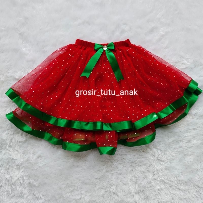 Namira Rok Tutu Dua Susun Tile Glitter Pita Satin Usia 1-12 Tahun - Rok Tile Merah List Pita Hijau -